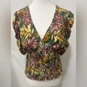 EMBER Tropical Smocked Puff Sleeve Top EUC